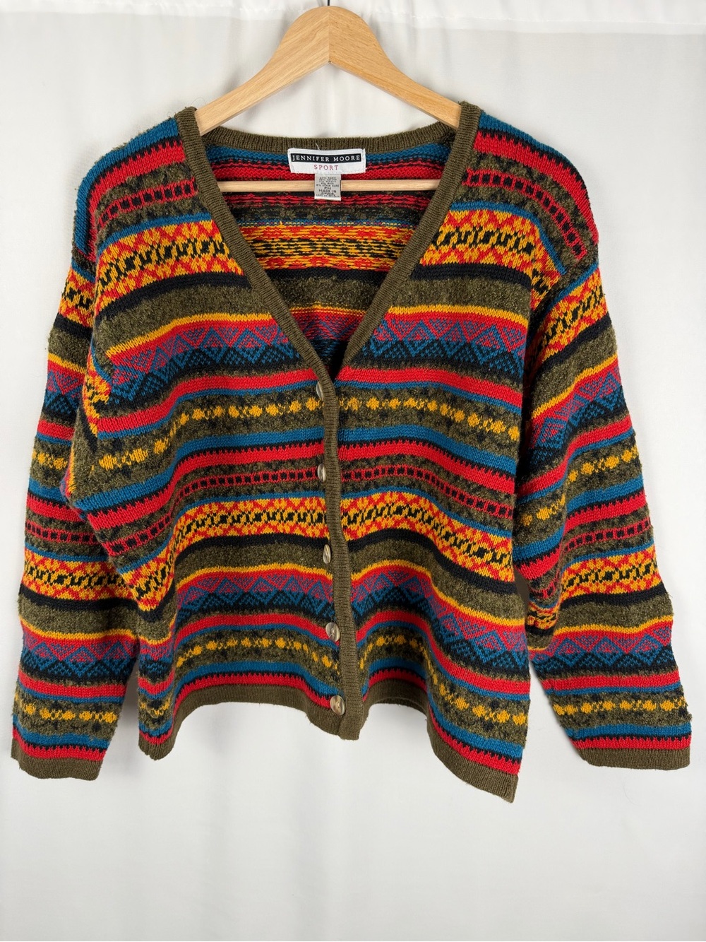 Vintage 90s Jennifer Moore Sport Geometric Knit Coogi-Style V-Neck Cardigan